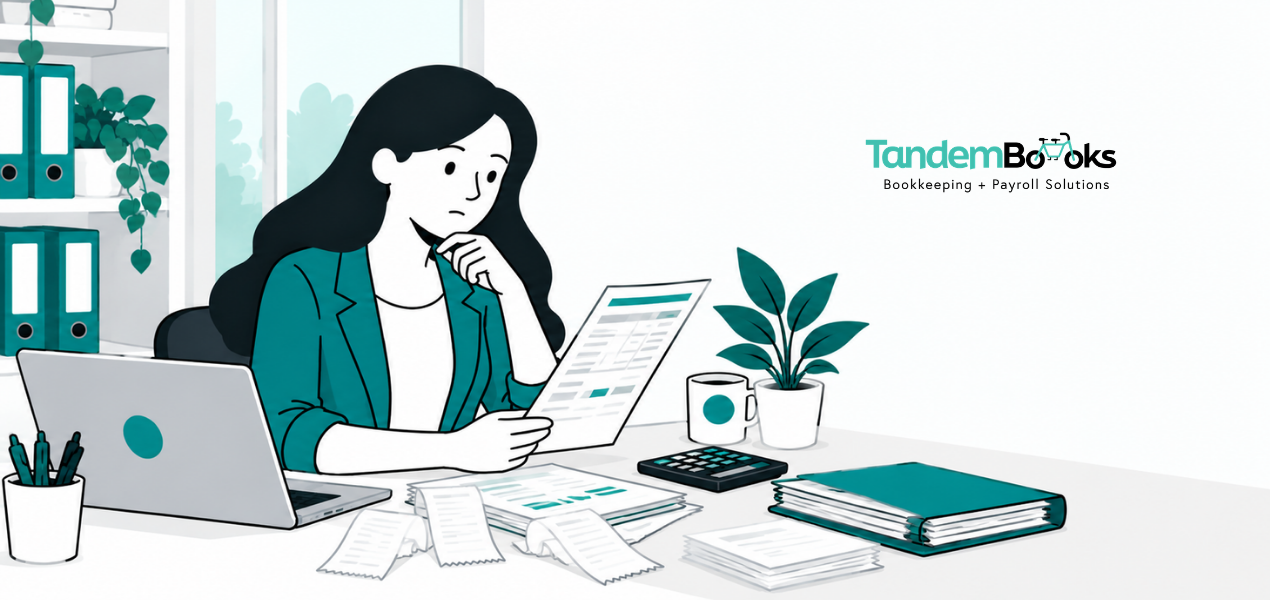 Nancy reviewing expense records and receipts at her desk