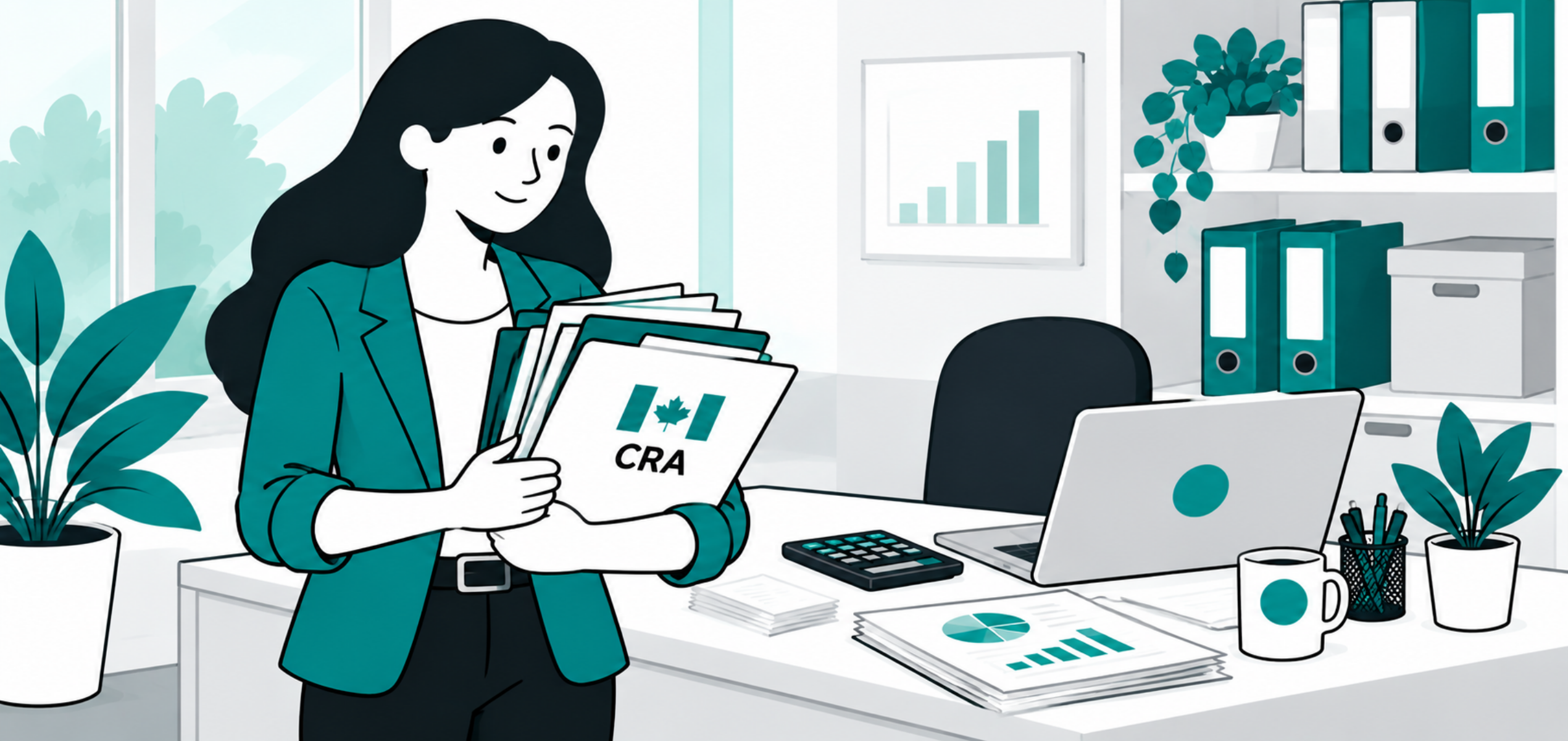 Nancy holding CRA folders beside an organized desk