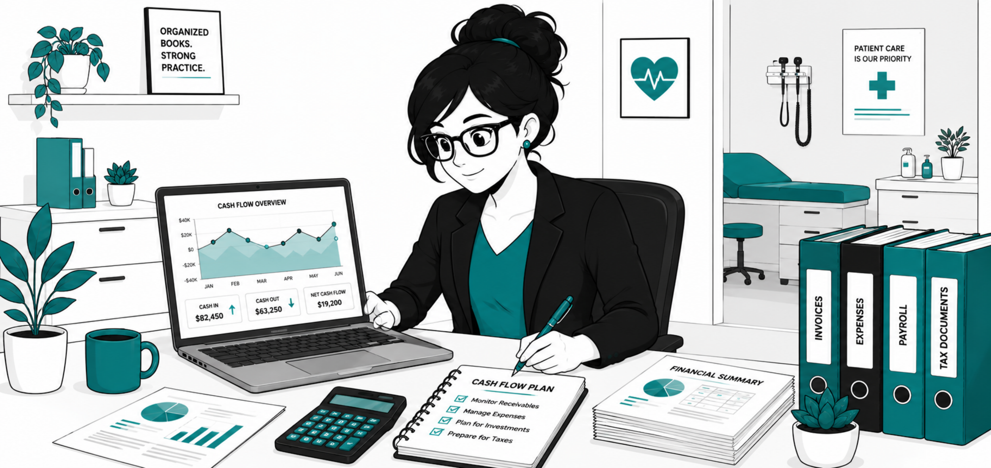 Nancy reviewing a healthcare practice cash flow report