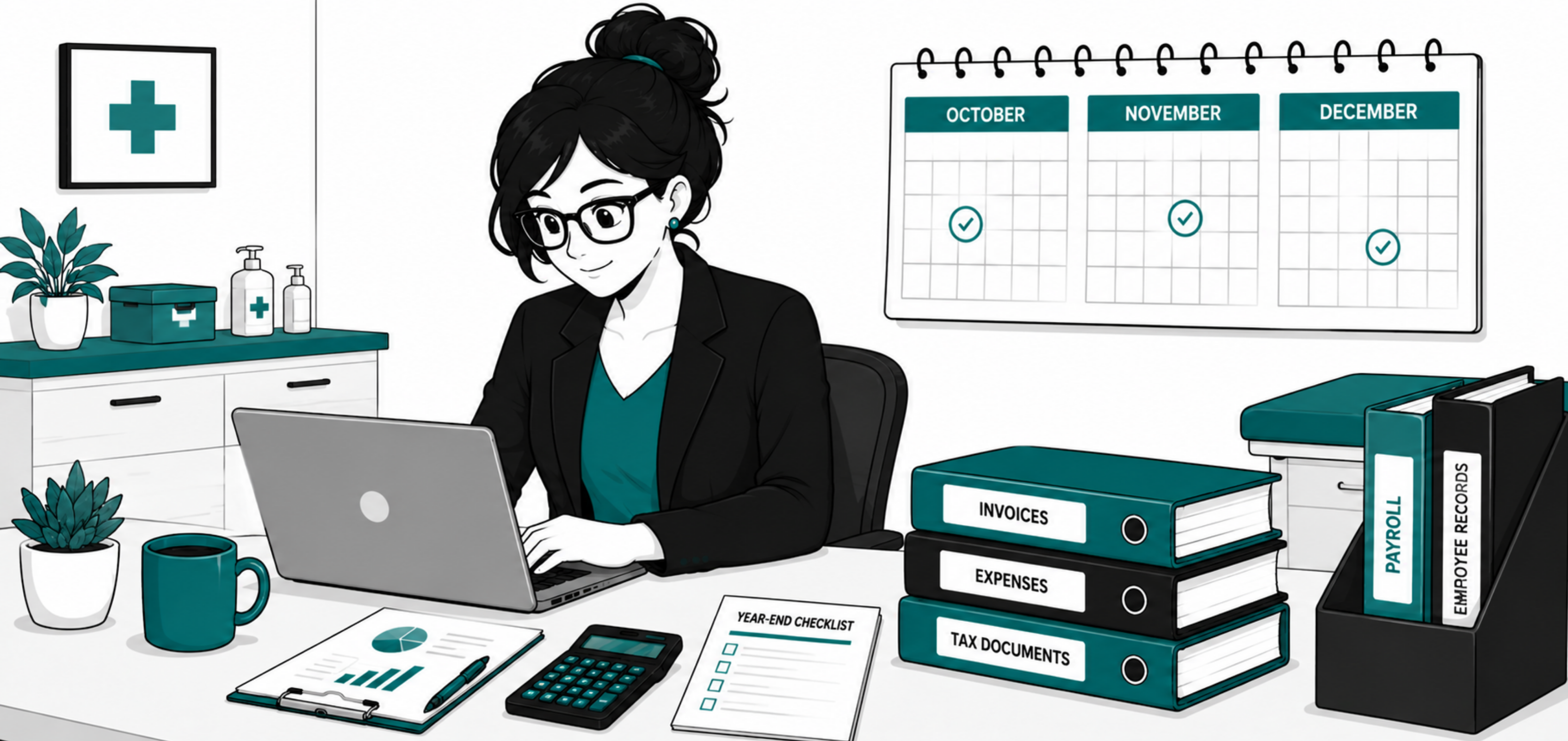 Nancy preparing a year-end checklist with financial records and an October to December calendar