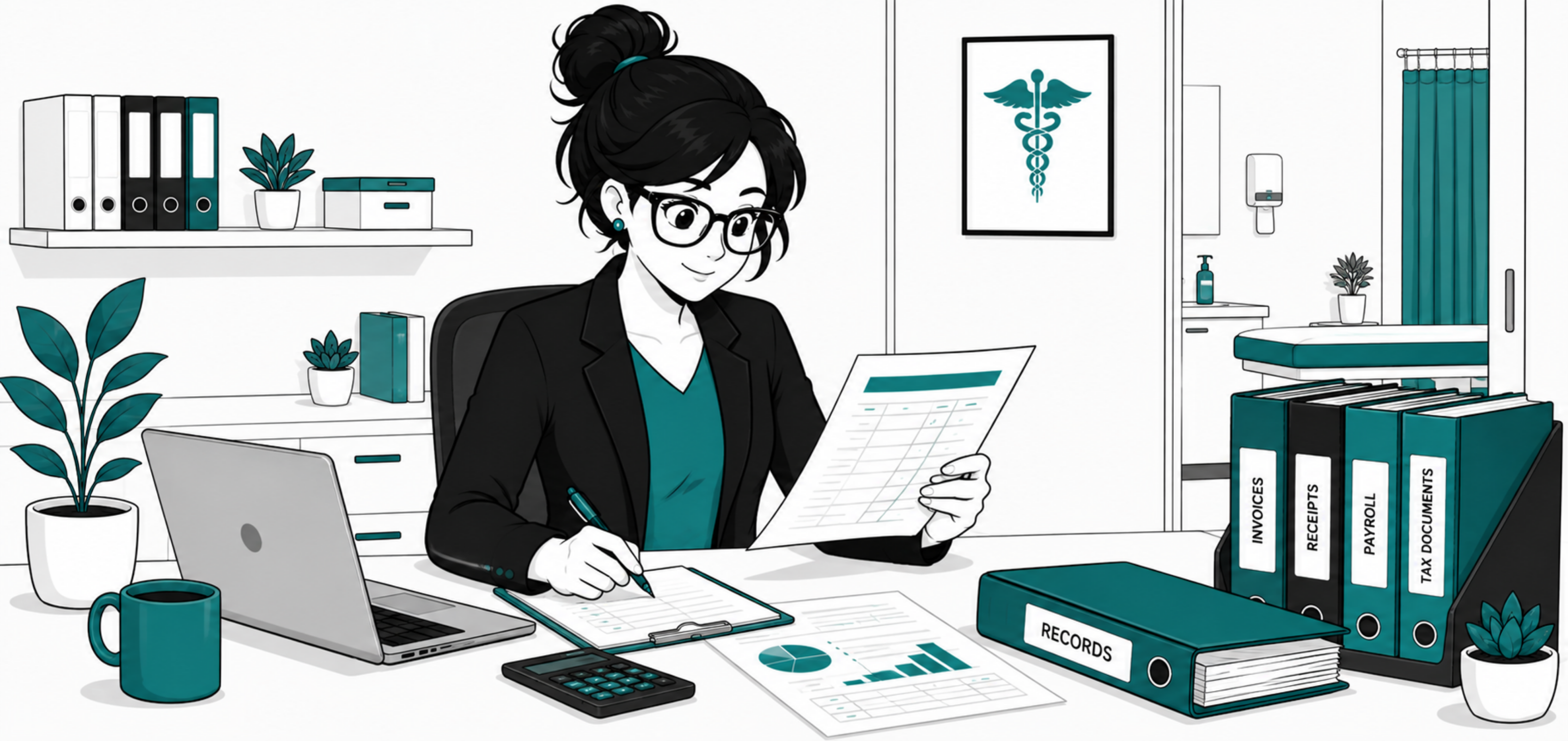 Nancy reviewing financial records in a healthcare office