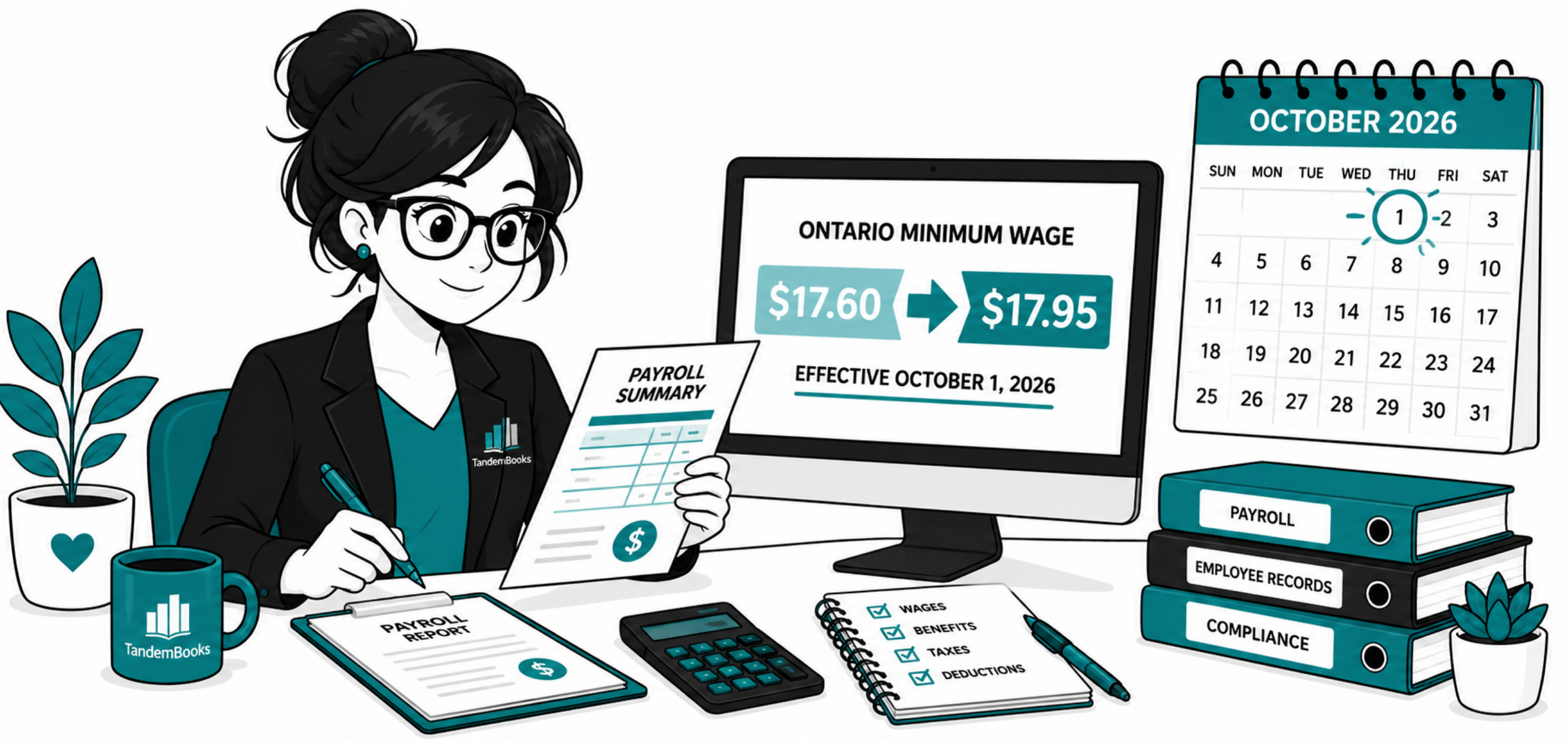 Nancy reviewing payroll documents beside an Ontario minimum wage screen