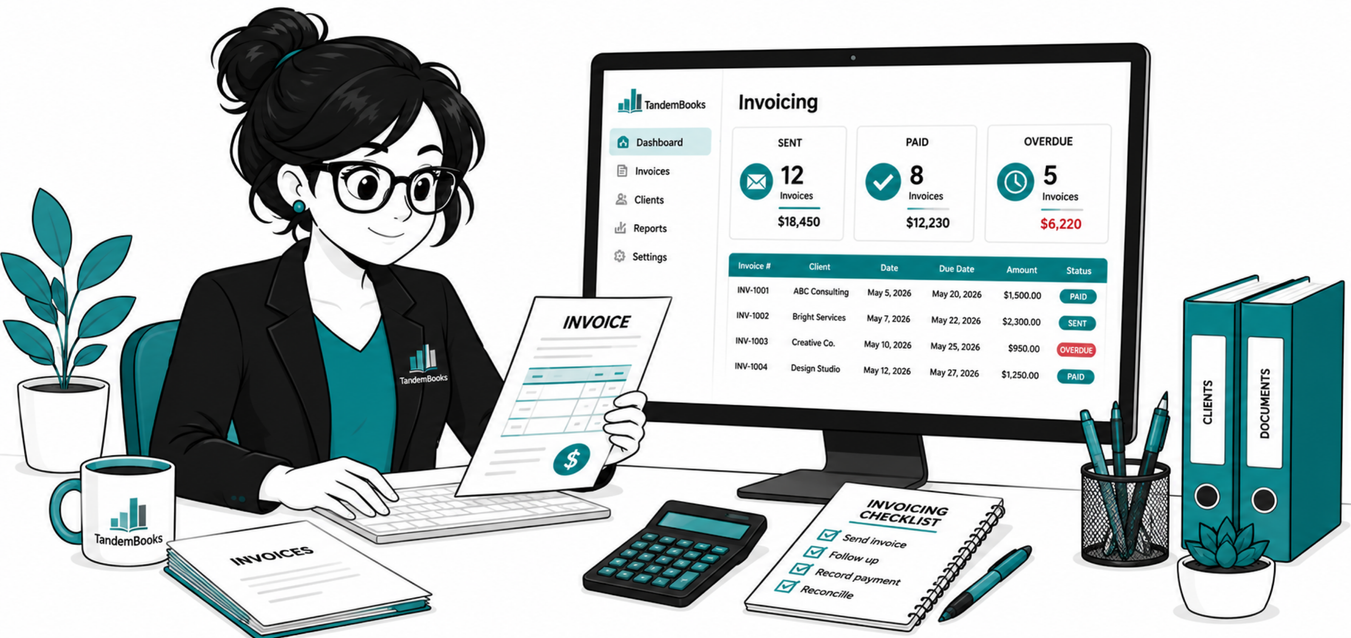 Nancy reviewing invoices beside an invoicing dashboard