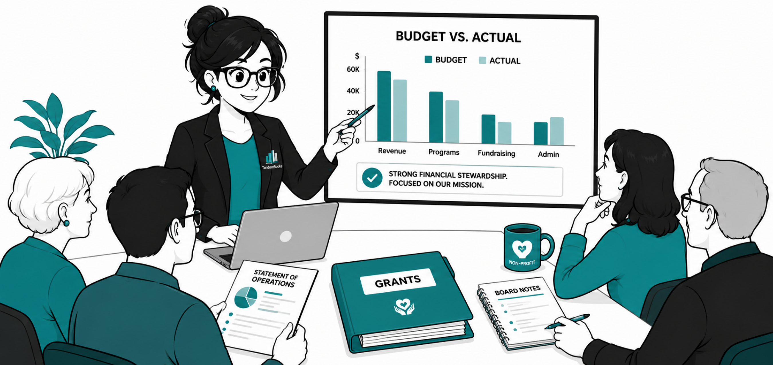 Nancy presenting budget reports to a non-profit board