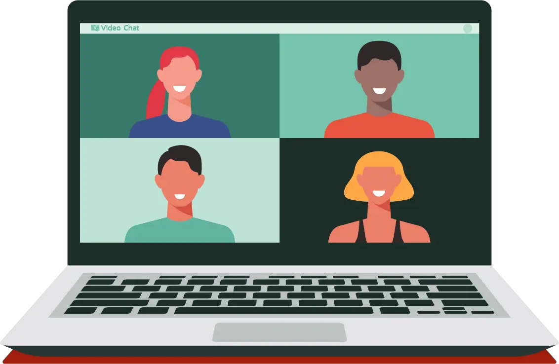 A laptop with a zoom call depicting 4 people on the screen. 